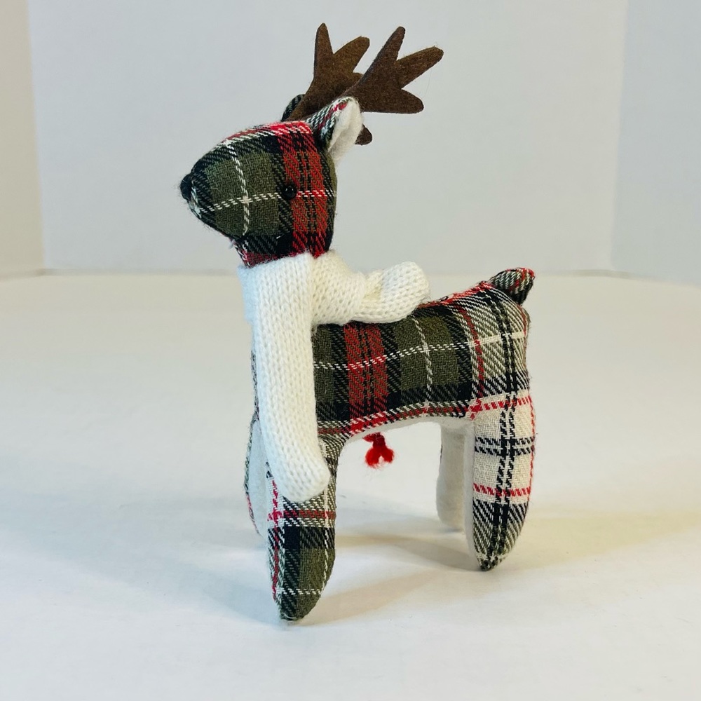 Reindeer Ornament Standing or Hanging Red, Green, Black, White Plaid Stuffed